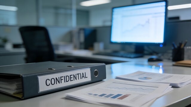 Confidential binder and financial report papers on a desk with a blurred computer monitor background