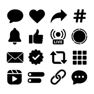 Flat black silhouette icon set of social media interface elements including chat, like, share, hashtag and notification symbols