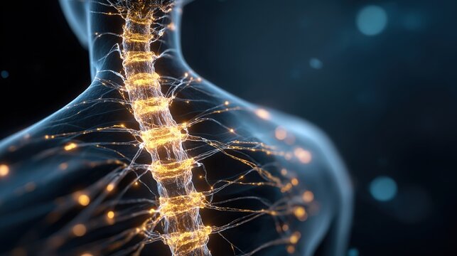 Detailed 3D medical anatomical illustration of human peripheral nerve damage caused by neuropathy, showing nerve lesion structure, pathological deterioration and related bodily discomfort,