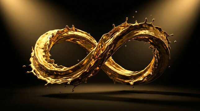 Abstract Liquid Gold Infinity Symbol Splashing in Cinematic Dark Studio Background