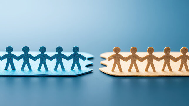 Paper cutout teams standing on separate puzzle pieces reaching across a gap to bridge connection and collaboration, symbolizing teamwork, inclusion and partnership in business and community
