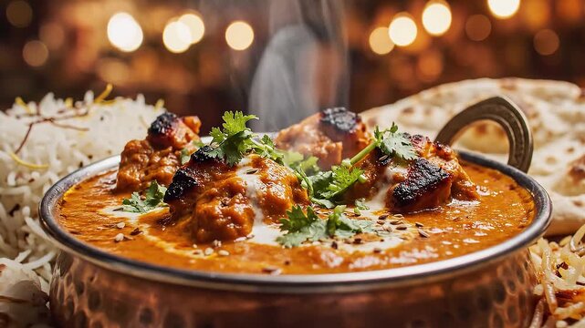 A delicious Indian dish of chicken tikka masala served in a copper pan with herbs on top.