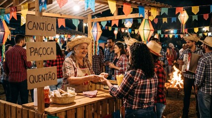 Fototapeta premium Traditional Brazilian Festa Junina Food Stall with Customer and Vendor
