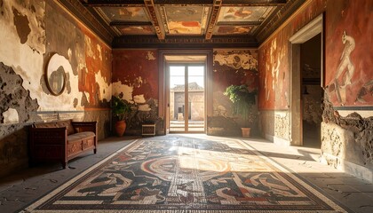 Obraz premium A dimly lit, ancient room with a vibrant mosaic floor, worn walls, and a glimpse of outdoor scenery