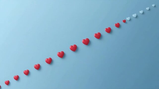 Heart shapes alignment video motion showing red and blue icons moving in a diagonal conceptual abstract digital animation sequence