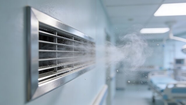 Clean hospital room air vent blowing fresh sterile airflow in a modern medical clinic interior