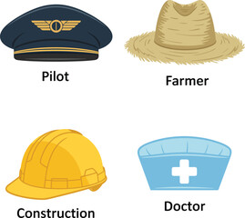 Set of professional headgear for workers including pilot and doctor caps. © Mst Insanara Begum