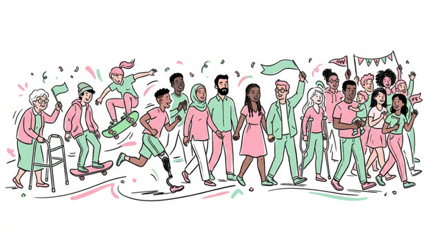 Diverse group of people celebrating together with flags and banners