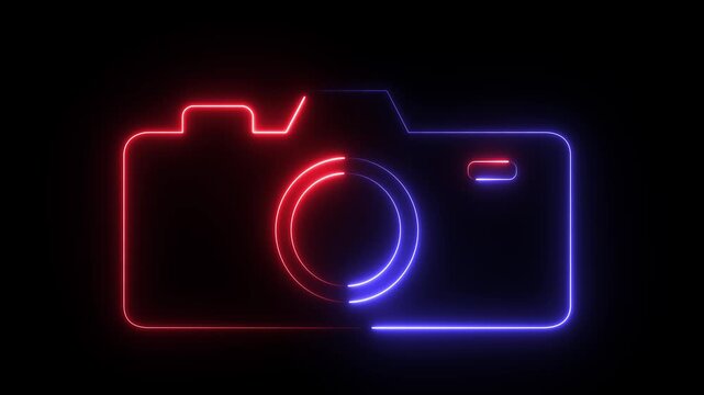 A neon-style camera outline in red and blue against a black background.