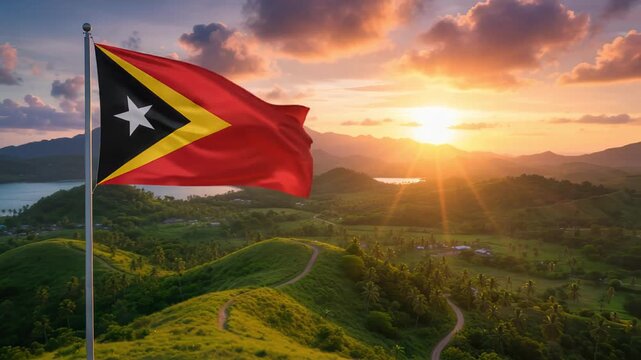 National flag of timor east waving on the wind in front of a beautiful panorama landscape of the nation