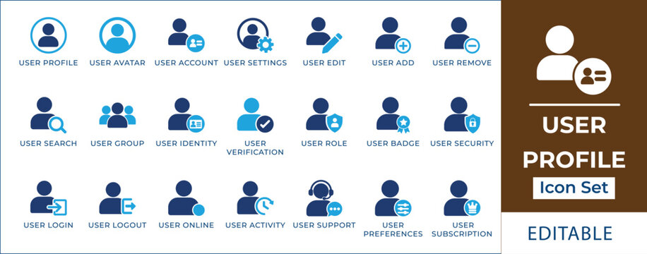 User profile and account icon set featuring member login, registration settings, avatar customization, secure verification, role permissions, and community management symbols.