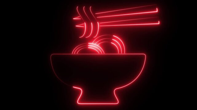 A stylised bowl of ramen with chopsticks lifting noodles, rendered in bright red neon tubing.