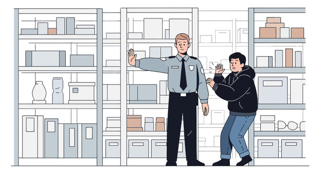 Security Guard Stops Shoplifter in Storage Area Surrounded by Shelves