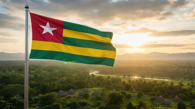 National flag of togo waving on the wind in front of a beautiful panorama landscape of the nation