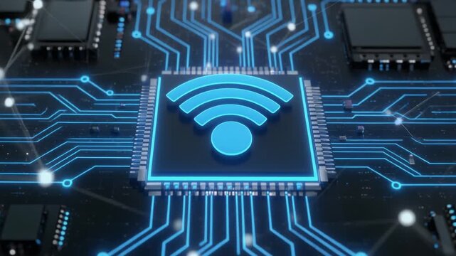 Blue glowing Wi‑Fi symbol centered on futuristic circuit background with connected nodes, representing wireless communication, digital connectivity, and modern network technology.