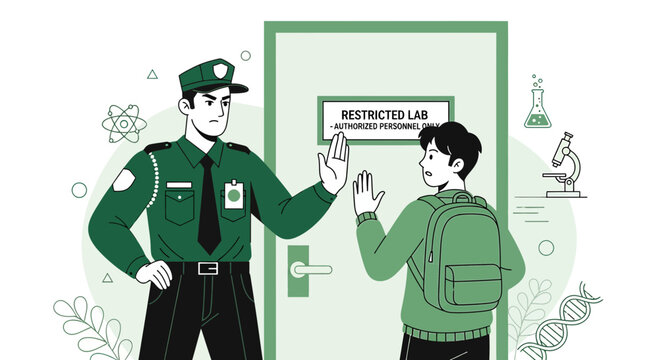 Security Guard Stops Student at Restricted Lab Entrance