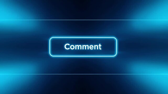 Comment button glowing with neon blue light effects in a digital motion graphic animation for social media interface design