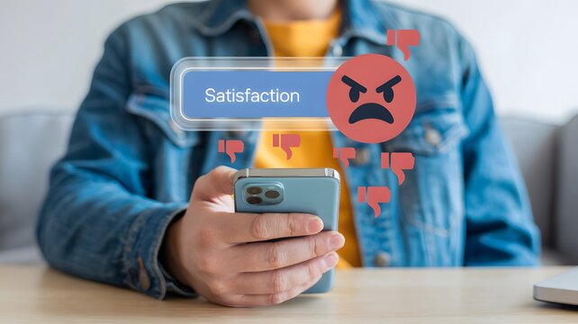 Smartphone with 'Satisfaction' text held by hand, surrounded by angry face and thumbs down emojis, illustrating digital dissatisfaction and negative customer feedback