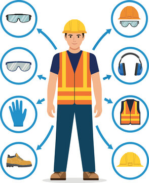Construction worker wearing personal protective equipment diagram style.