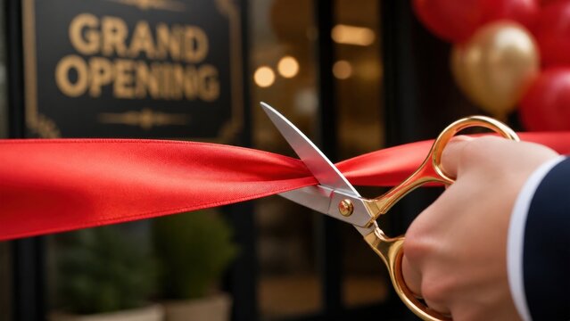 Person cutting vibrant red ribbon with golden scissors during grand opening ceremony represents success achievement and ambitious entrepreneurship celebration for new business venture