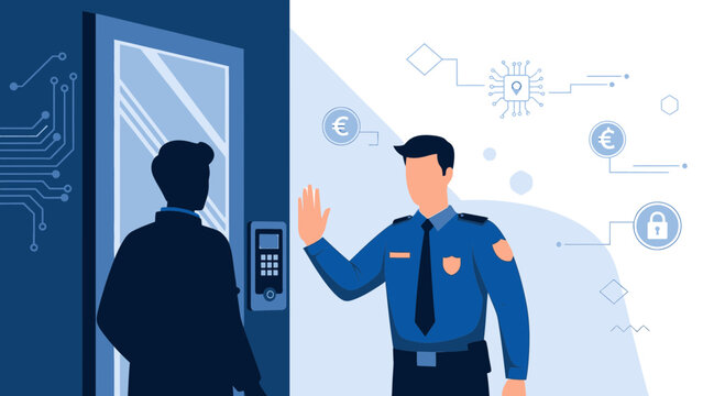 Security Guard Stops Man at Entrance, Access Control, Corporate Building