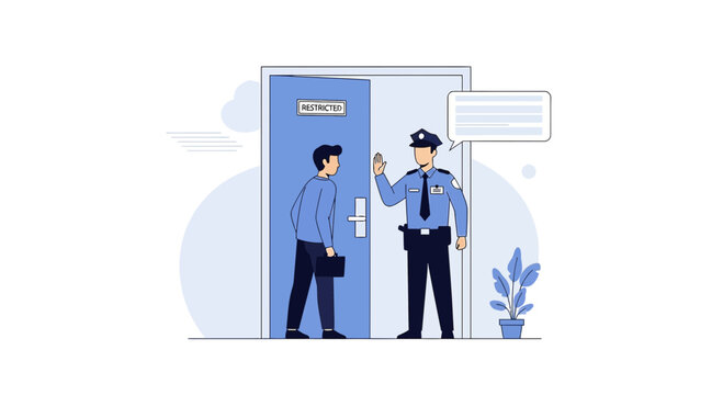 Security Guard Stops Man at Entrance, Access Control, Restricted Area