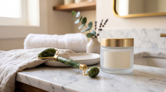Luxury Jade Facial Roller and Frosted Glass Cosmetic Jar Mockup