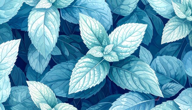 Close-up illustration of cool-toned leaves. The image shows a seamless pattern of light blue and white leaves against a dark blue background