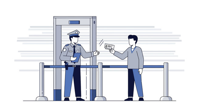 Security Guard Inspects Ticket at Metal Detector Gate for Airport or Event