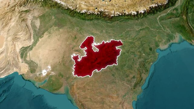 Madhya Pradesh India Map Animation Highlighted State on Satellite Terrain Background Geographic Location Border Visualization Cartography Regional Identification for News Presentation