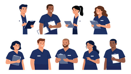 Medical staff group stands in professional attire while holding clipboards and tablets for clinical documentation. © Sadee Girl