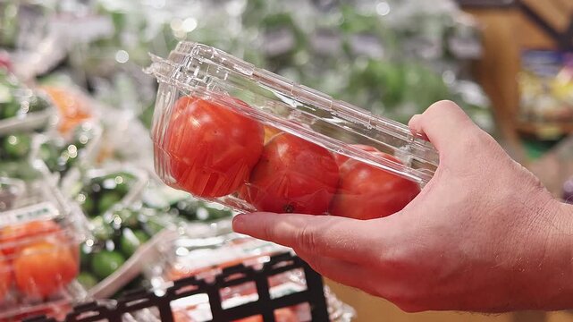 Customer choosing packaged tomatoes in supermarket, hand holding fresh vegetables in plastic container, grocery shopping and healthy food selection concept.