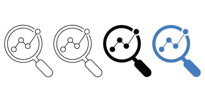 Magnifying glass with statistical chart icons showing line graphs for analytic and search needs