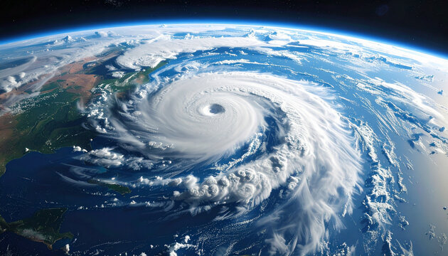 A dramatic earth view with an intense hurricane formation displays cinematic realism from space.