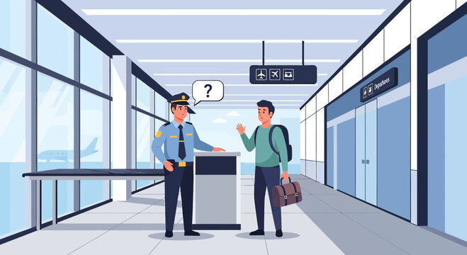 Security Guard Questions Traveler at Airport Checkpoint - Illustration