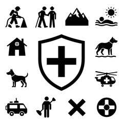 Fototapeta premium Emergency Rescue and First Aid Vector Illustration Icon Set with Medical Safety Silhouette Symbols