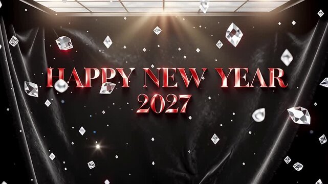 Happy new year 2027 red metallic text on black velvet background with floating diamonds.