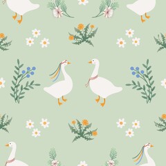 Fototapeta premium Cute goose couple seamless pattern in pastel folk art style