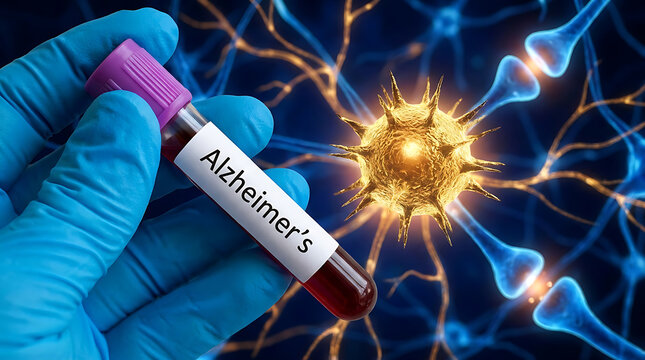 Medical professional holding a blood sample vial labeled for Alzheimer s disease research with a background of neural synapse connections.