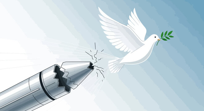 Peace dove flying past a broken missile, symbolizing an end to conflict.