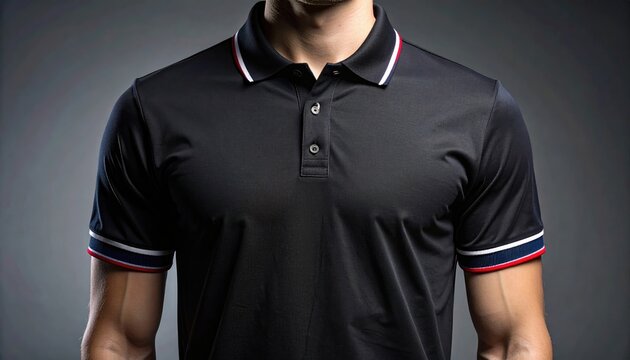 A man wears a black polo shirt with red, white, and blue trim