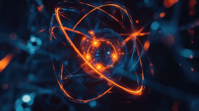 Abstract depiction of an atom model, highlighting glowing energy particles and wave functions in