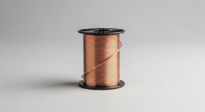 Copper wire spool on black plastic reel isolated on gray background