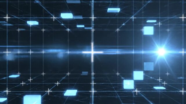 Abstract digital grid with glowing blue data blocks and network lines