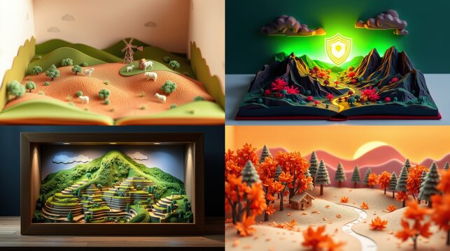 Four miniature landscapes inside boxes. Scenes depict rural settings, mountains, fields, trees, windmills, autumn foliage. Warm lighting enhances details.
