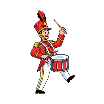 Cartoon Drummer Boy in Red Uniform Playing Drum