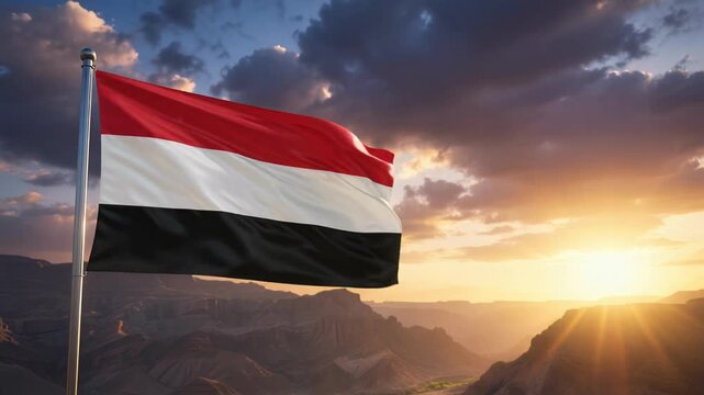 National flag of yemen waving on the wind in front of a beautiful panorama