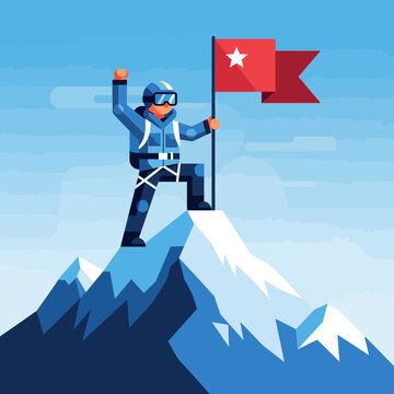 Climber plants flag on mountain summit, achieving victory and success.