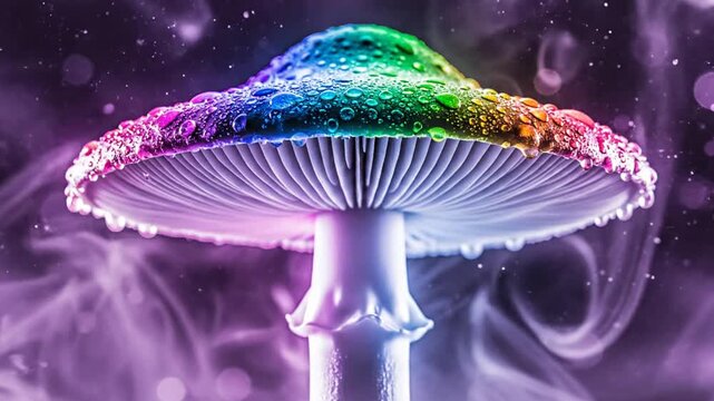 A vibrantly rainbow-colored mushroom with a dew-covered cap glows against a hazy purple background featuring ethereal smoke and sparkling particles in a fantasy macro composition.