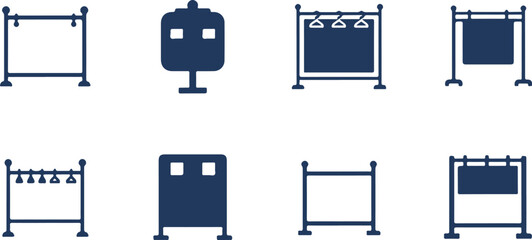 Set of eight flat design icons featuring different types of public transportation and display stands isolated on transparent background © MURSHIDUR RAHMAN